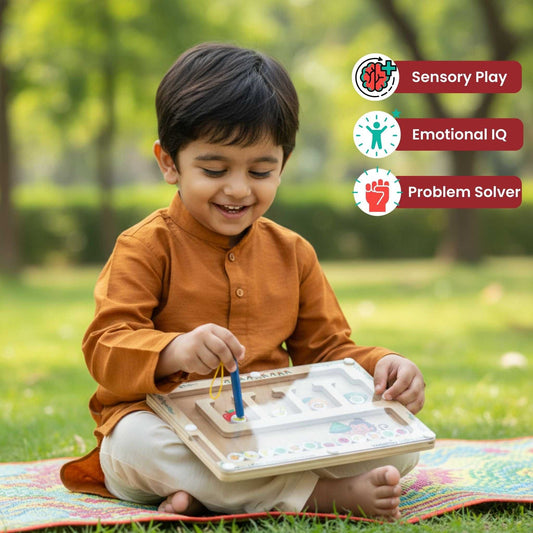 Child playing with Hanuman's Fruit Hunt - Magnetic Maze Puzzle, an educational toy enhancing sensory play, emotional IQ, and problem-solving skills.