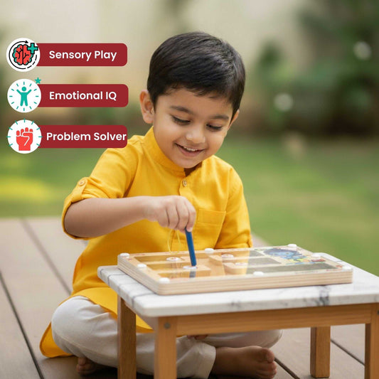 Child playing with Krishna's Farm Friends - Montessori Maze, an educational toy promoting sensory play, emotional IQ, and problem-solving skills.