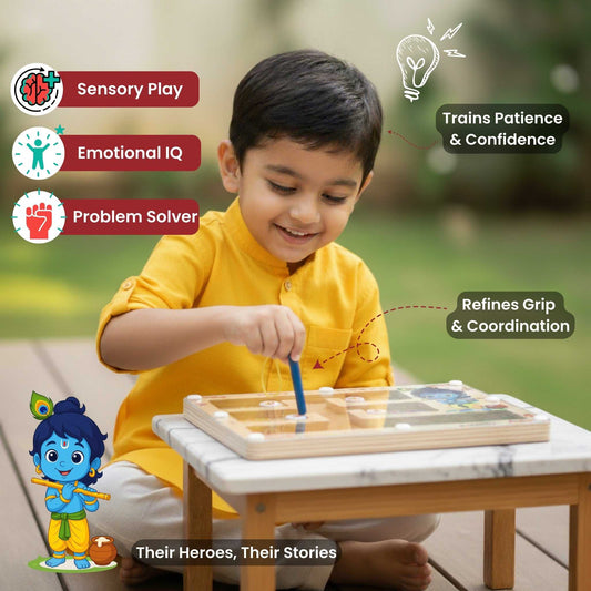 Child playing with a wooden puzzle outdoors, with educational benefits highlighted. Child playing with Krishna's Farm Friends - Montessori Maze, an educational toy promoting sensory play, emotional IQ, and problem-solving skills.