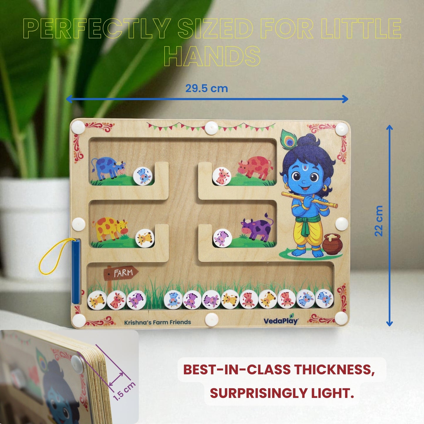 Krishna's Farm Friends - Montessori Maze | Educational Toy featuring wooden maze board with colorful farm animals and Krishna character for interactive learning.