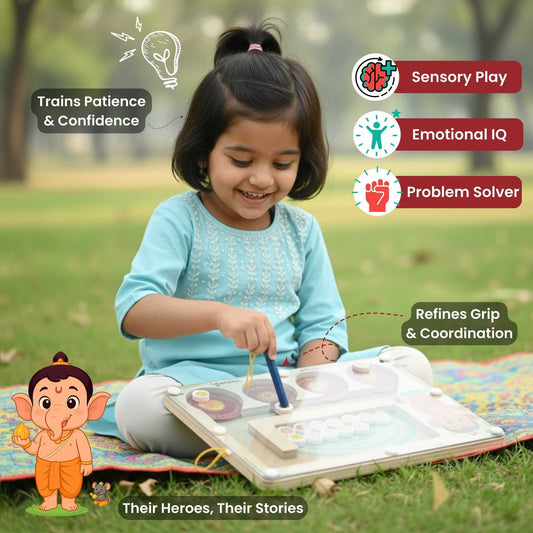 Child playing with educational toys outdoors, surrounded by benefits text and a cartoon character. Shop Ganesha's Grand Fest Maze | 45% Off & Free Ship – Young girl playing with magnetic maze toy outdoors, promoting sensory play and emotional IQ.