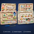 VedaPlay Family Set: Krishna, Hanuman, Ganesha and Vishnu Montessori magnetic mazes in birch wood. Birch wood, sealed magnets, no batteries.