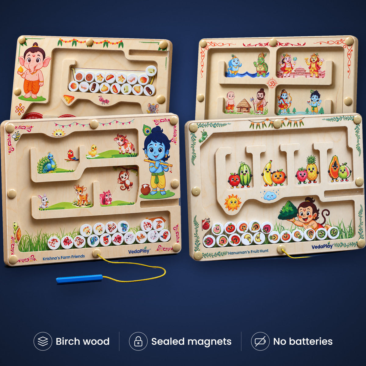 VedaPlay Family Set: Krishna, Hanuman, Ganesha and Vishnu Montessori magnetic mazes in birch wood. Birch wood, sealed magnets, no batteries.
