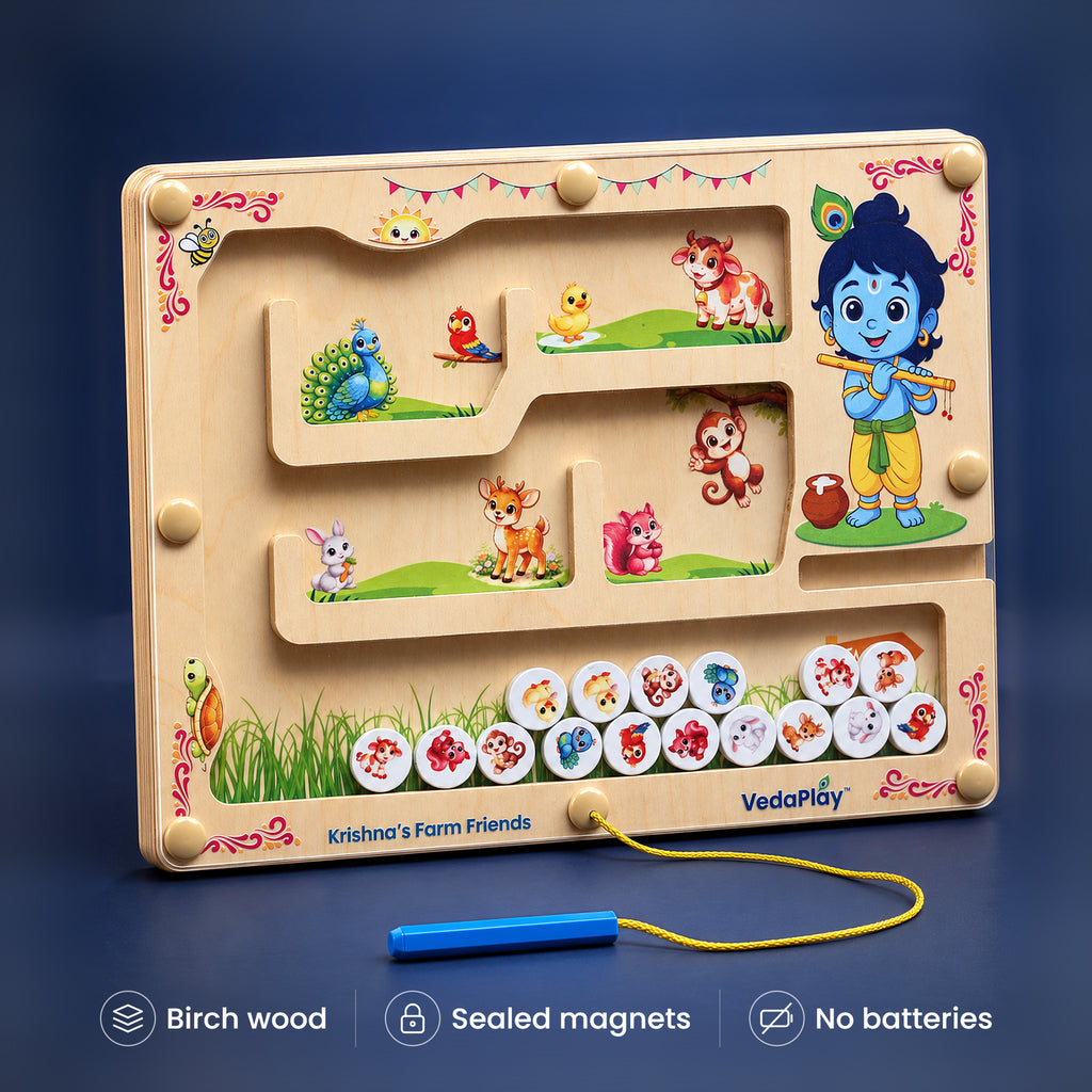 Krishna's Farm Friends Montessori magnetic maze in birch wood with hex-grip pen. Birch wood, sealed magnets, no batteries.