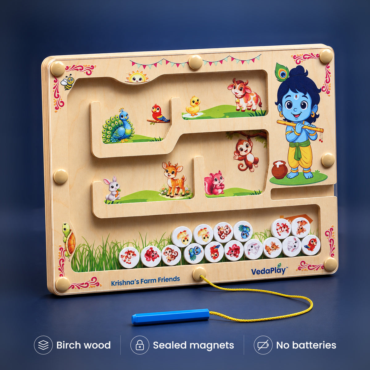 Krishna's Farm Friends Montessori magnetic maze in birch wood with hex-grip pen. Birch wood, sealed magnets, no batteries.