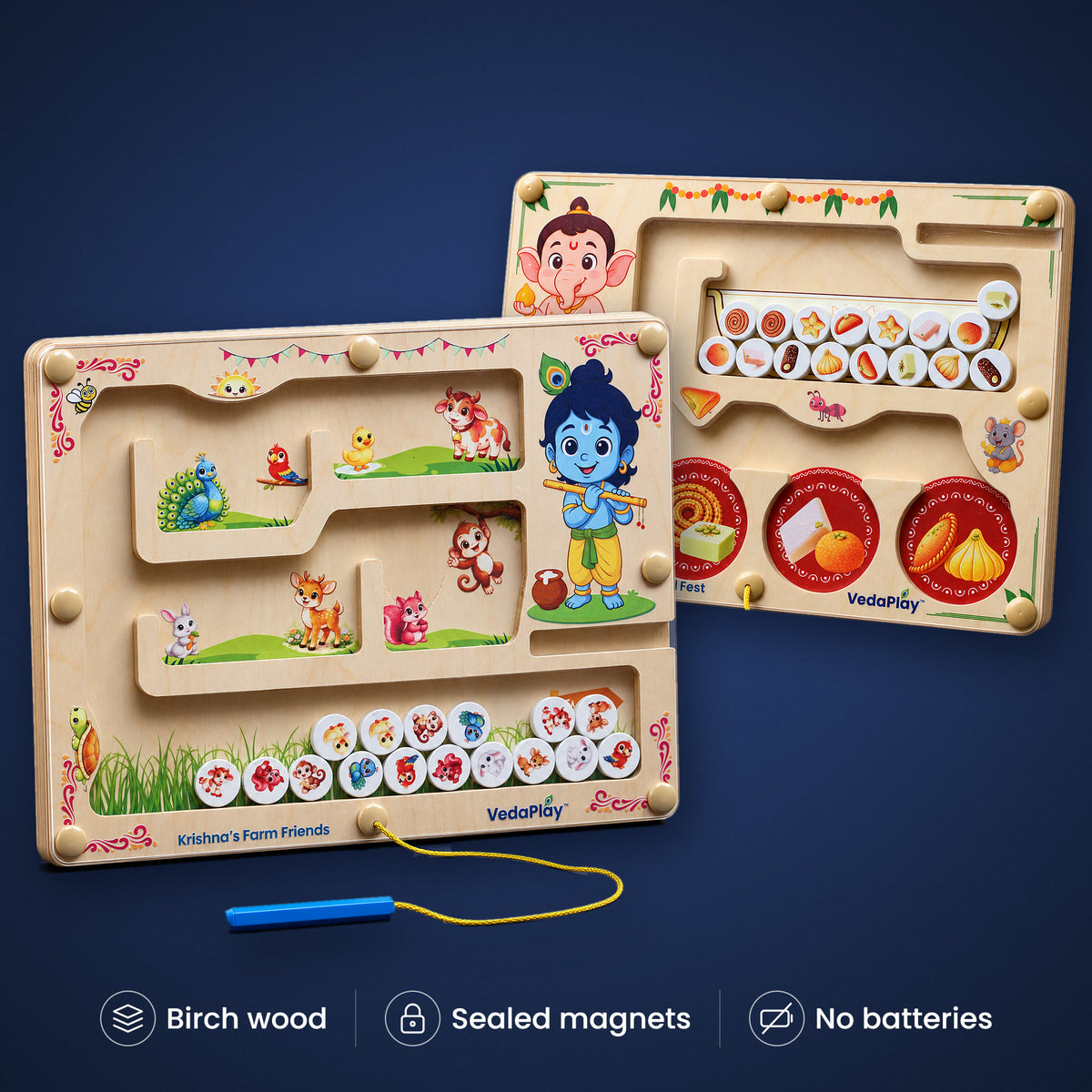 Krishna's Farm Friends and Ganesha's Grand Fest Montessori magnetic mazes, pair in birch wood. Birch wood, sealed magnets, no batteries.