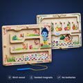 Krishna's Farm Friends and Hanuman's Fruit Hunt Montessori magnetic mazes, pair in birch wood. Birch wood, sealed magnets, no batteries.