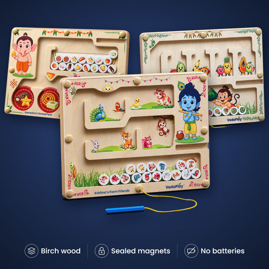 VedaPlay Trio: Krishna, Hanuman and Ganesha Montessori magnetic mazes in birch wood. Birch wood, sealed magnets, no batteries.