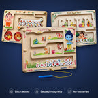 VedaPlay Trio: Krishna, Hanuman and Ganesha Montessori magnetic mazes in birch wood. Birch wood, sealed magnets, no batteries.