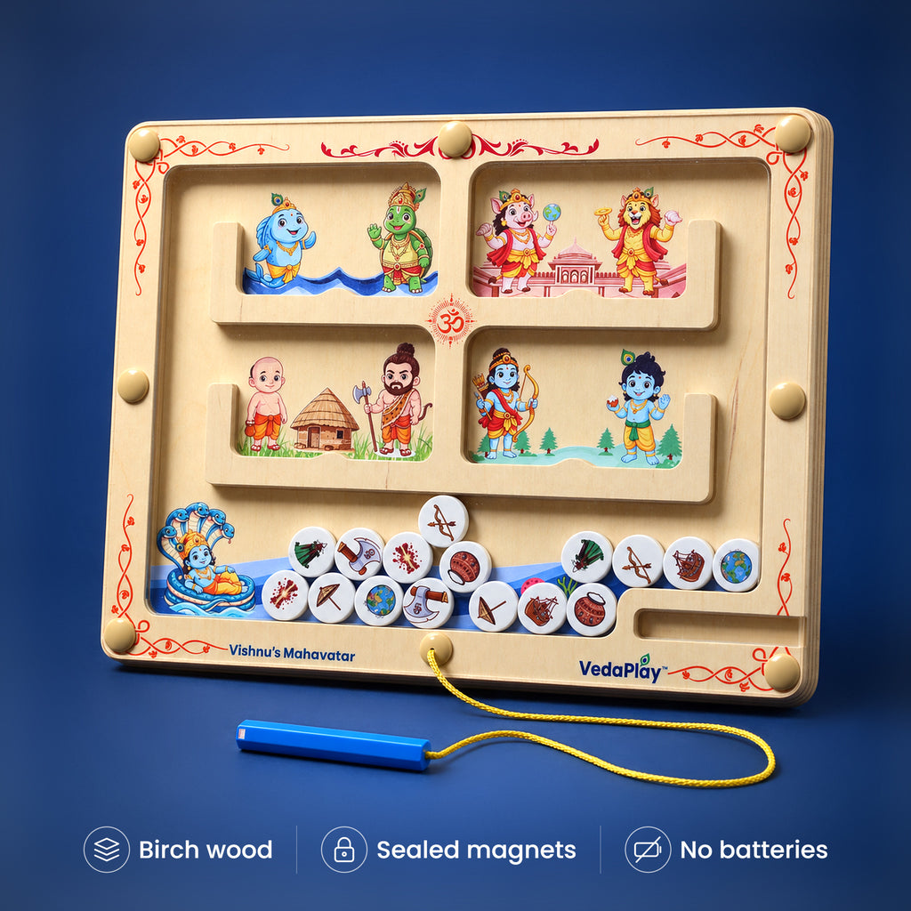 Vishnu's Mahavatar Montessori magnetic maze in birch wood with hex-grip pen. Birch wood, sealed magnets, no batteries.
