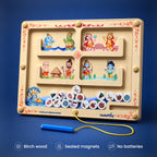 Vishnu's Mahavatar Montessori magnetic maze in birch wood with hex-grip pen. Birch wood, sealed magnets, no batteries.