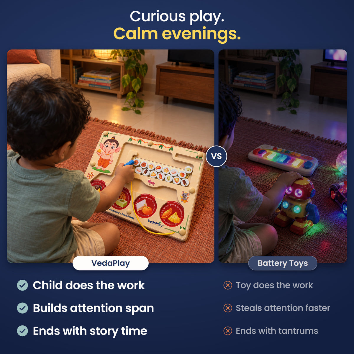 Curious play, calm evenings: a child absorbed in the Ganesha's Grand Fest wooden maze versus battery toys.