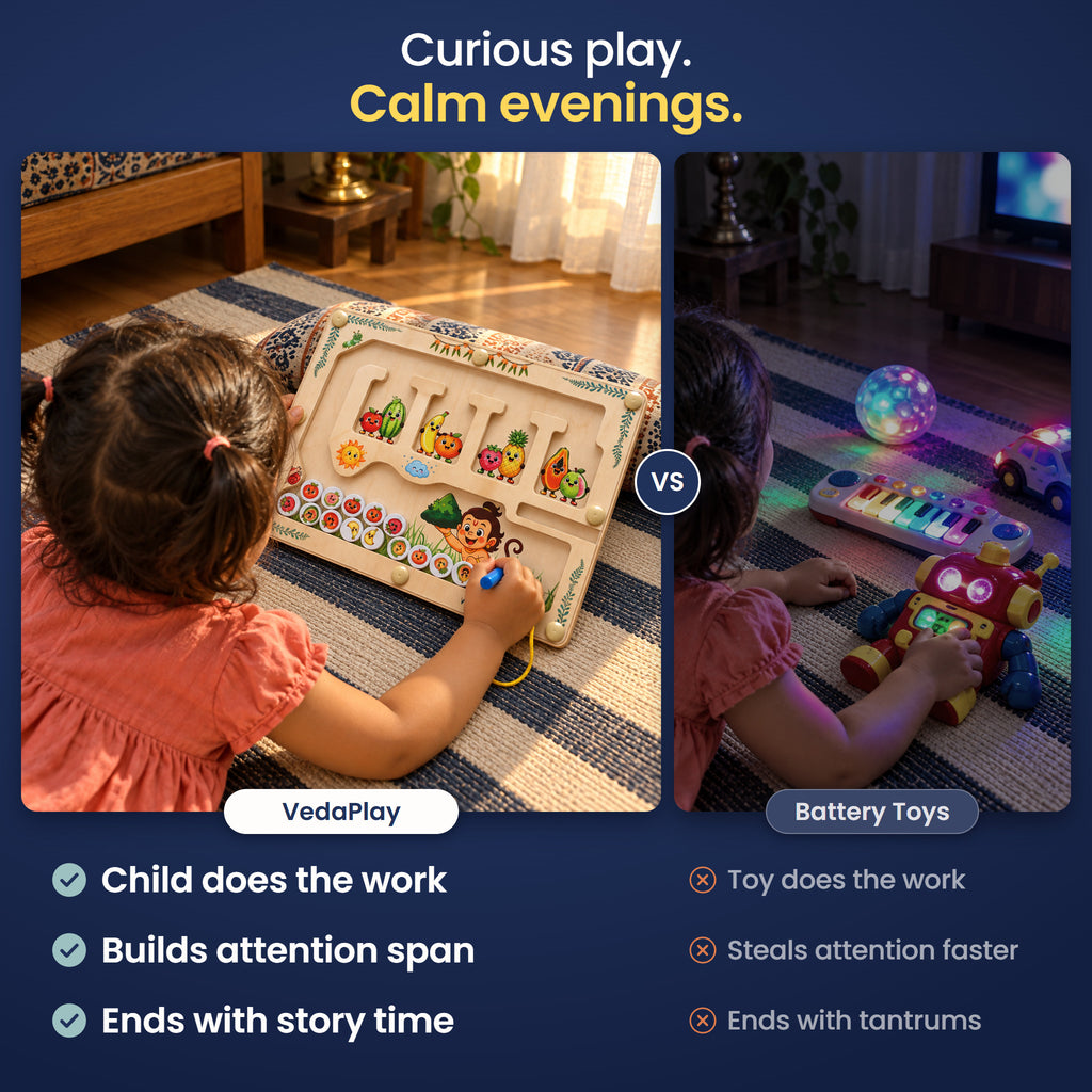 Curious play, calm evenings: a child absorbed in the Hanuman's Fruit Hunt wooden maze versus battery toys.