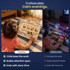 Curious play, calm evenings: a child absorbed in the Hanuman's Fruit Hunt wooden maze versus battery toys.