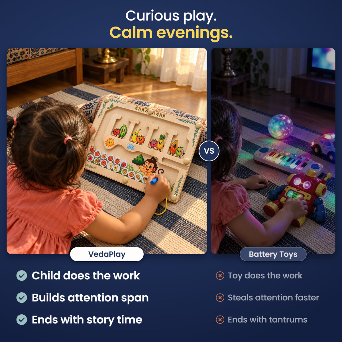 Curious play, calm evenings: a child absorbed in the Hanuman's Fruit Hunt wooden maze versus battery toys.