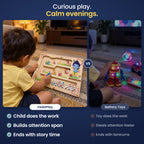 Curious play, calm evenings: a child absorbed in the Krishna's Farm Friends wooden maze versus battery toys.
