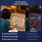 Curious play, calm evenings: a child absorbed in the Vishnu's Mahavatar wooden maze versus battery toys.