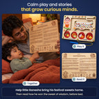 Calm play and stories that grow curious minds: a parent reading the Ganesha's Grand Fest story and shloka on the back at bedtime.
