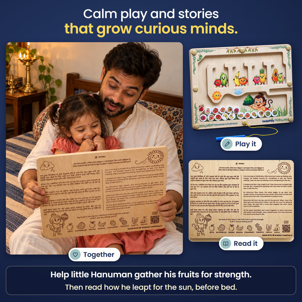 Calm play and stories that grow curious minds: a parent reading the Hanuman's Fruit Hunt story and shloka on the back at bedtime.