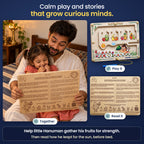 Calm play and stories that grow curious minds: a parent reading the Hanuman's Fruit Hunt story and shloka on the back at bedtime.