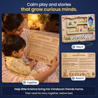 Calm play and stories that grow curious minds: a parent reading the Krishna's Farm Friends story and shloka on the back at bedtime.