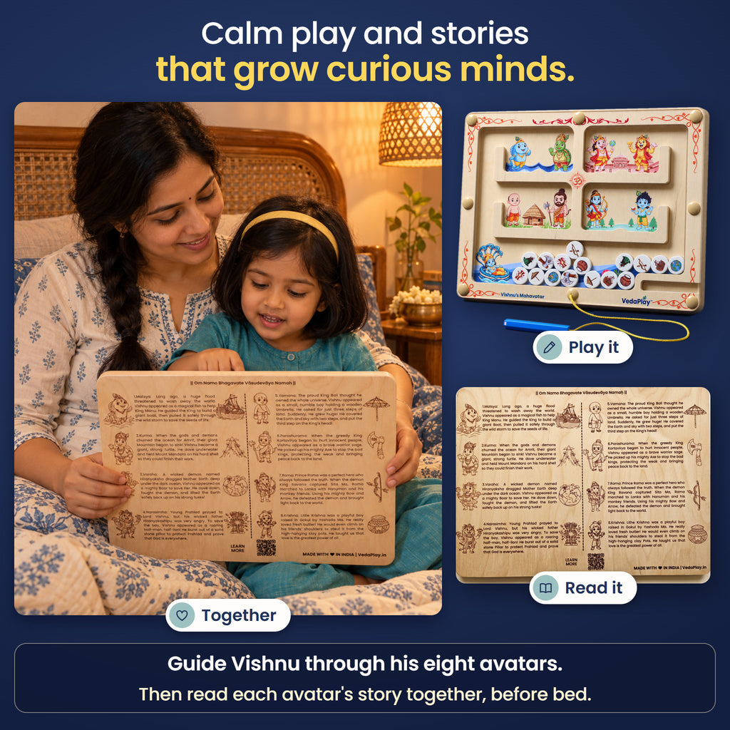 Calm play and stories that grow curious minds: a parent reading the Vishnu's Mahavatar story and shloka on the back at bedtime.