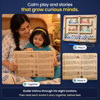 Calm play and stories that grow curious minds: a parent reading the Vishnu's Mahavatar story and shloka on the back at bedtime.