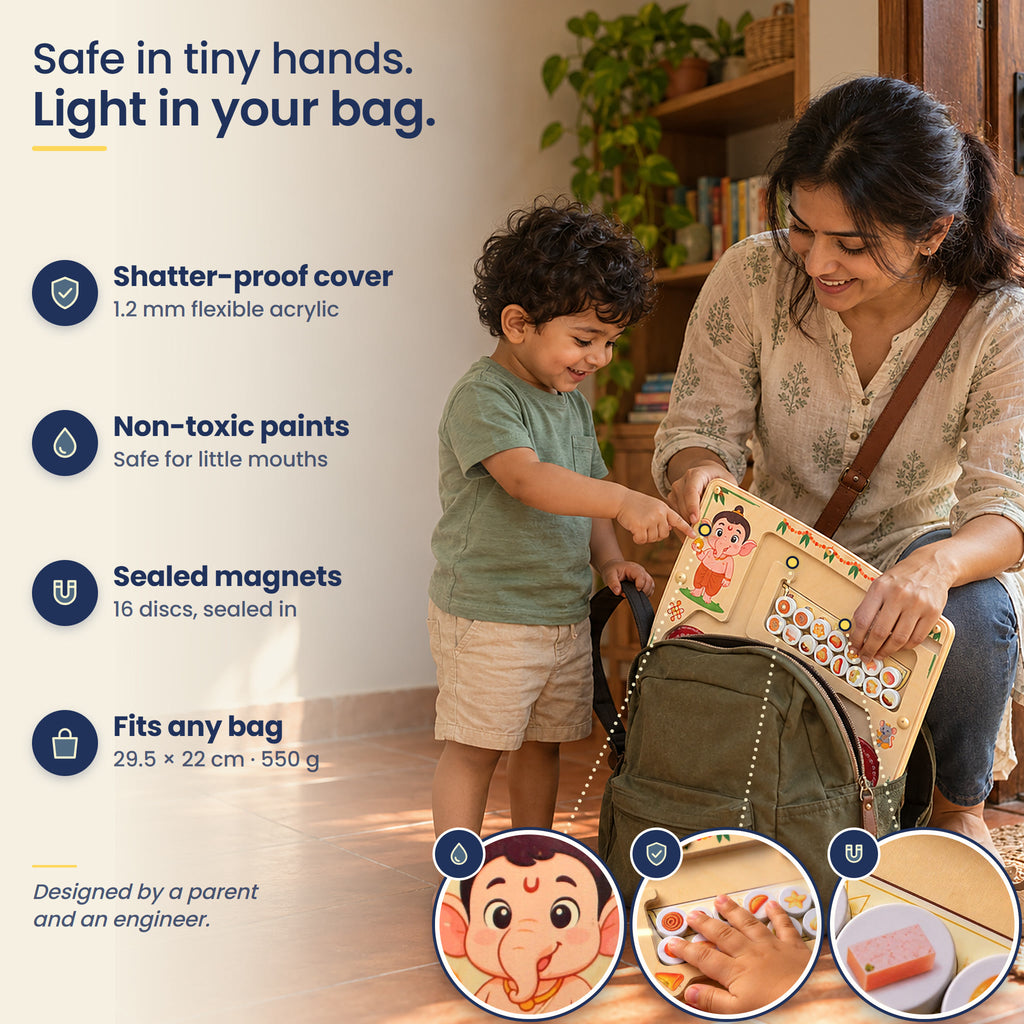 Safe in tiny hands, light in your bag: 1.2 mm shatter-proof acrylic, non-toxic paints, 16 sealed magnetic discs, 29.5 x 22 cm, 550 g.