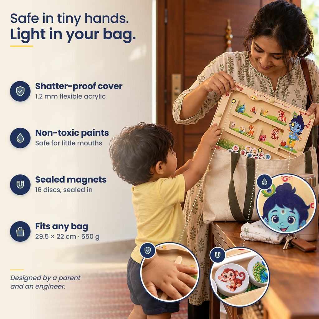 Safe in tiny hands, light in your bag: 1.2 mm shatter-proof acrylic, non-toxic paints, 16 sealed magnetic discs, 29.5 x 22 cm, 550 g.