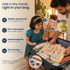 Safe in tiny hands, light in your bag: 1.2 mm shatter-proof acrylic, non-toxic paints, 16 sealed magnetic discs, 29.5 x 22 cm, 550 g.