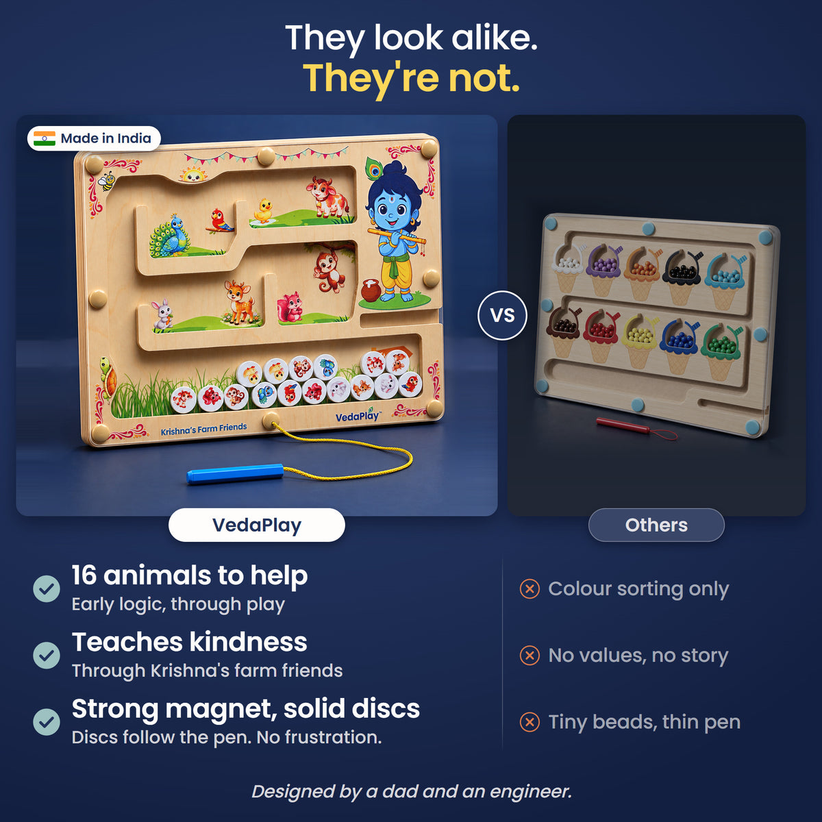 They look alike, they're not: VedaPlay with 16 animals to help and a strong magnet versus other mazes with tiny beads. Designed by a dad and an engineer.