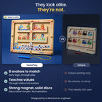 They look alike, they're not: VedaPlay with 8 avatars to match and a strong magnet versus other mazes with tiny beads. Designed by a dad and an engineer.