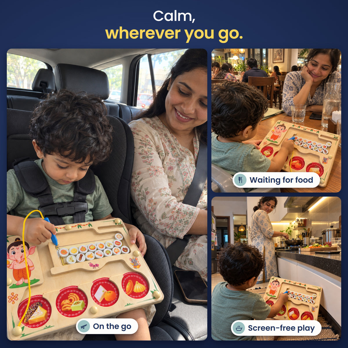 Calm, wherever you go: screen-free play on the go, while waiting for food and at home while dinner cooks.