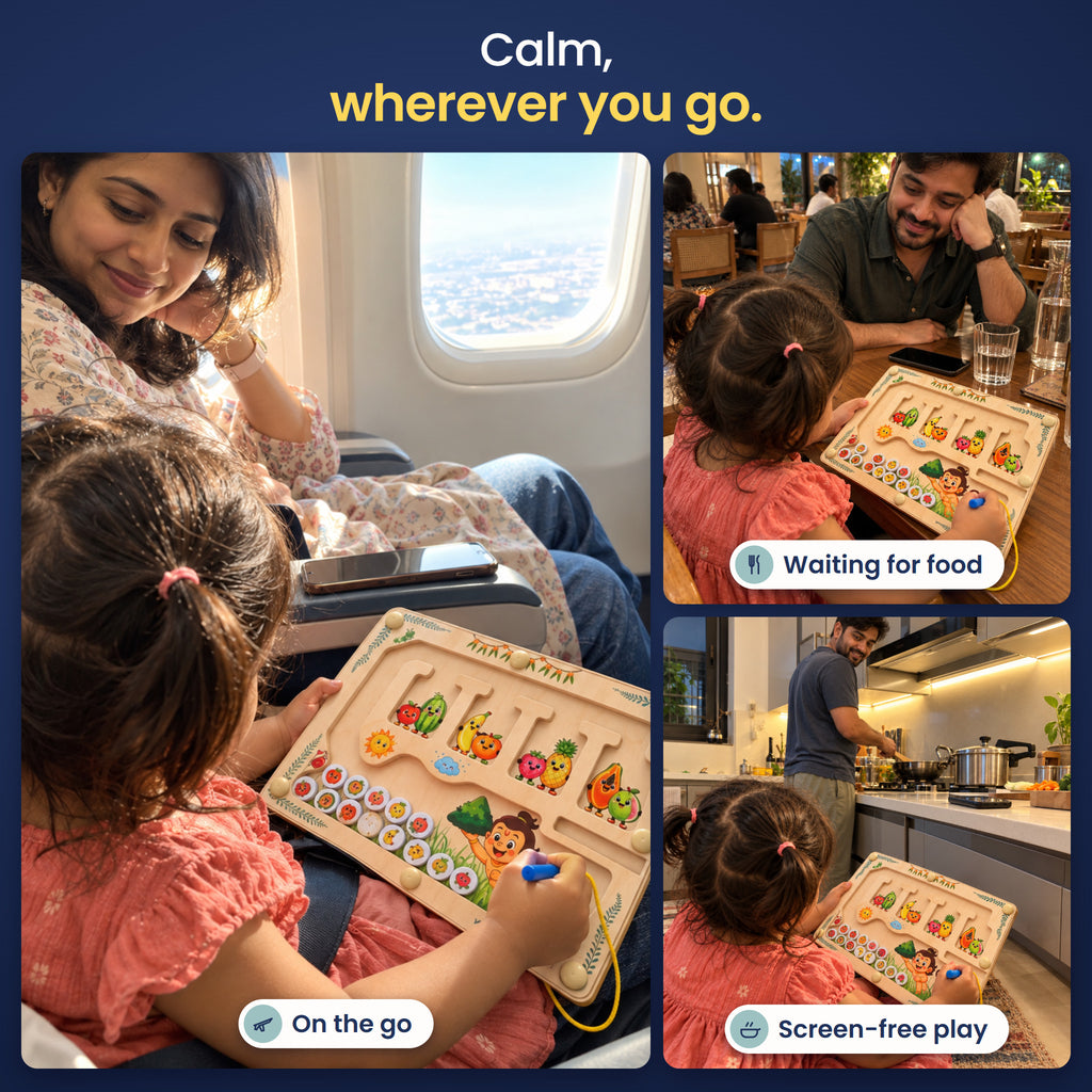 Calm, wherever you go: screen-free play on the go, while waiting for food and at home while dinner cooks.