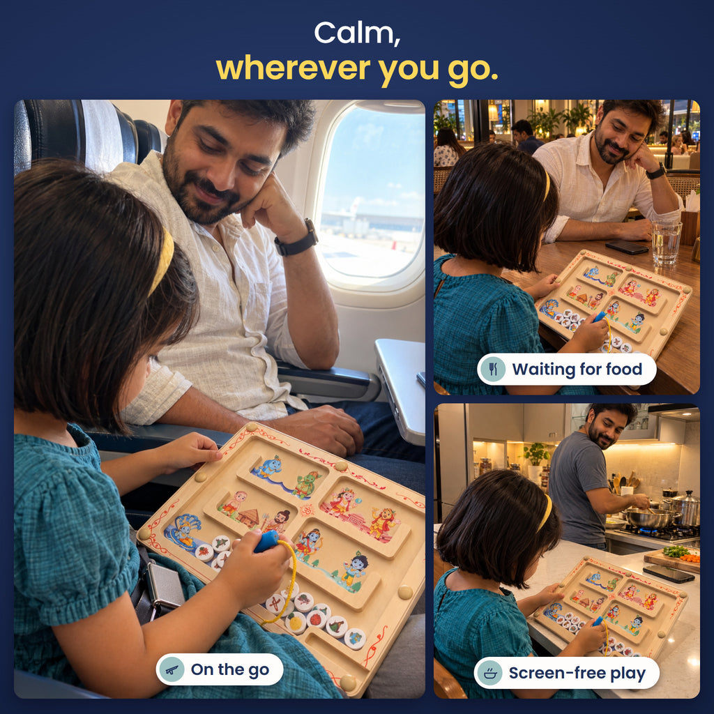 Calm, wherever you go: screen-free play on the go, while waiting for food and at home while dinner cooks.