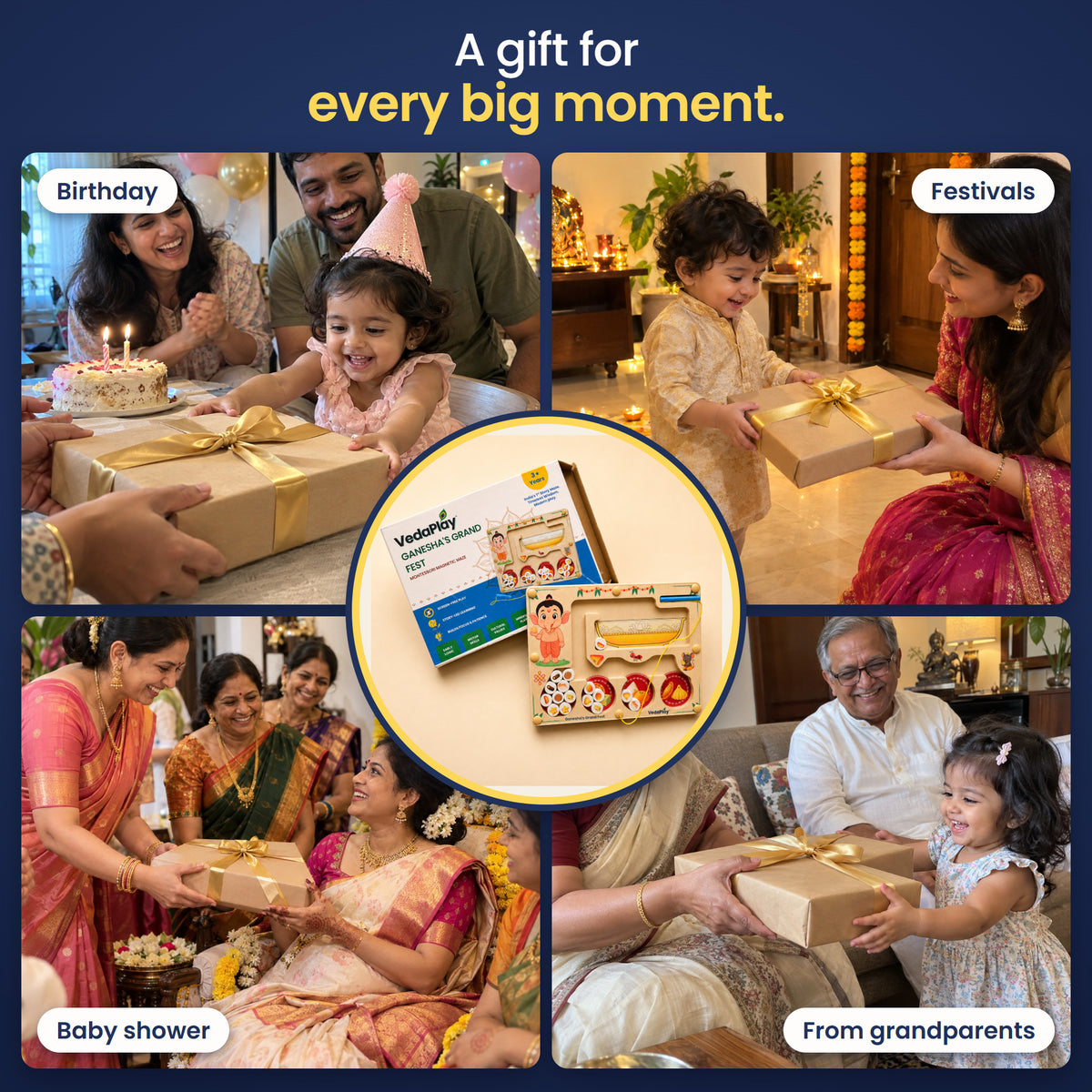 A gift for every big moment: birthday, festivals, baby shower and from grandparents. The Ganesha's Grand Fest VedaPlay gift box.