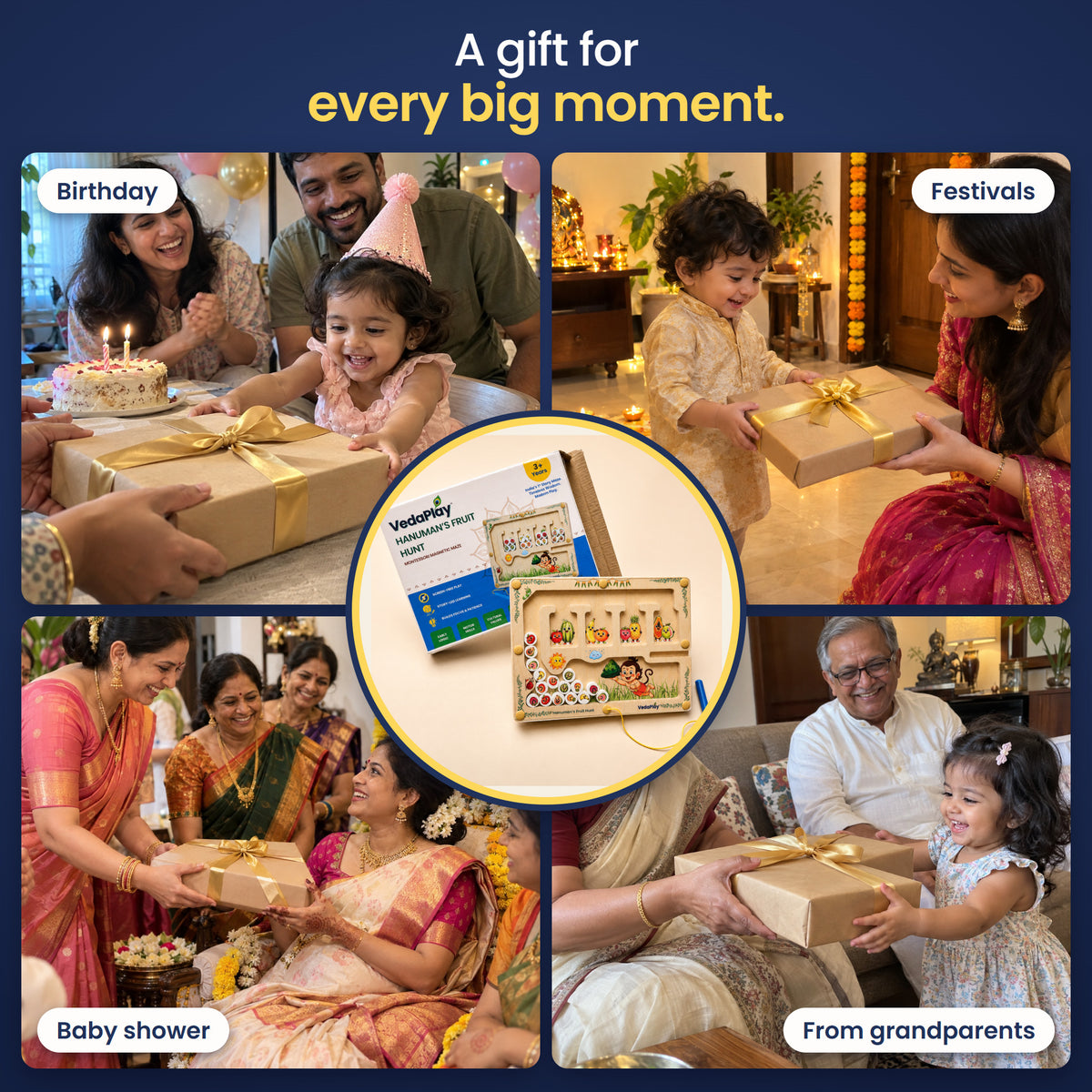 A gift for every big moment: birthday, festivals, baby shower and from grandparents. The Hanuman's Fruit Hunt VedaPlay gift box.