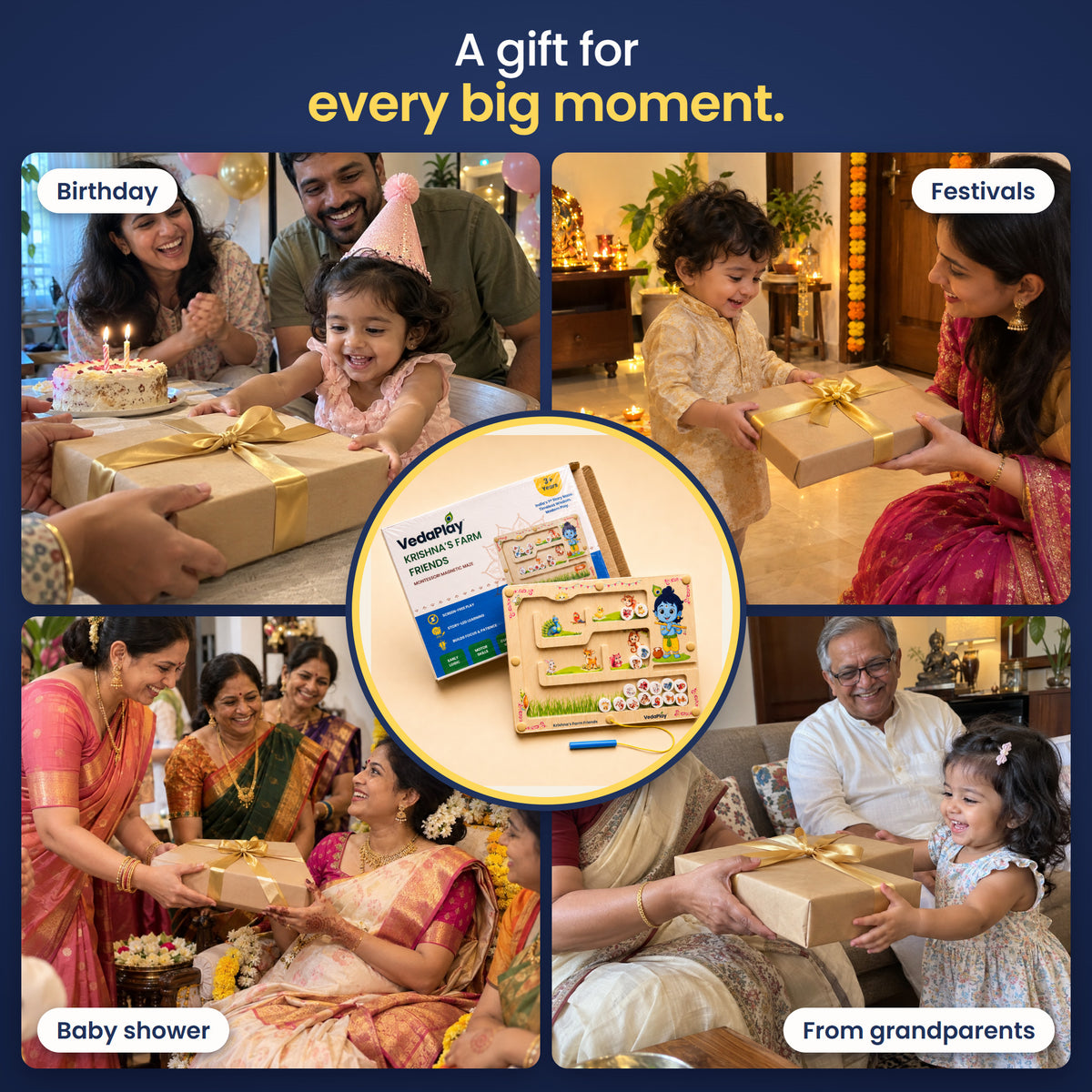 A gift for every big moment: birthday, festivals, baby shower and from grandparents. The Krishna's Farm Friends VedaPlay gift box.