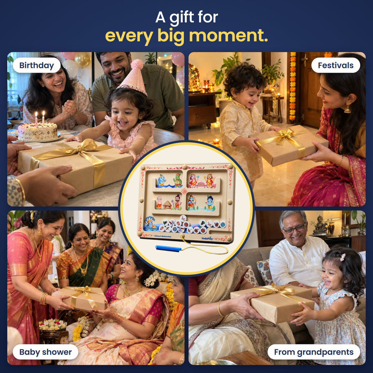 A gift for every big moment: birthday, festivals, baby shower and from grandparents. The Vishnu's Mahavatar VedaPlay gift box.