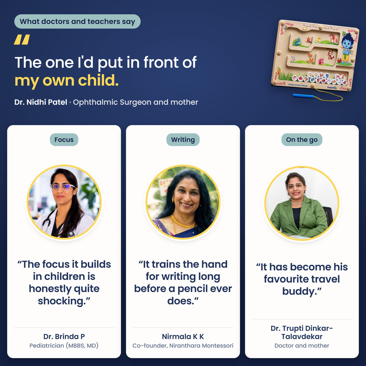 Doctors and teachers recommend VedaPlay: "The one I'd put in front of my own child." Dr. Nidhi Patel, with Dr. Brinda P, Nirmala K K and Dr. Trupti Dinkar-Talavdekar.