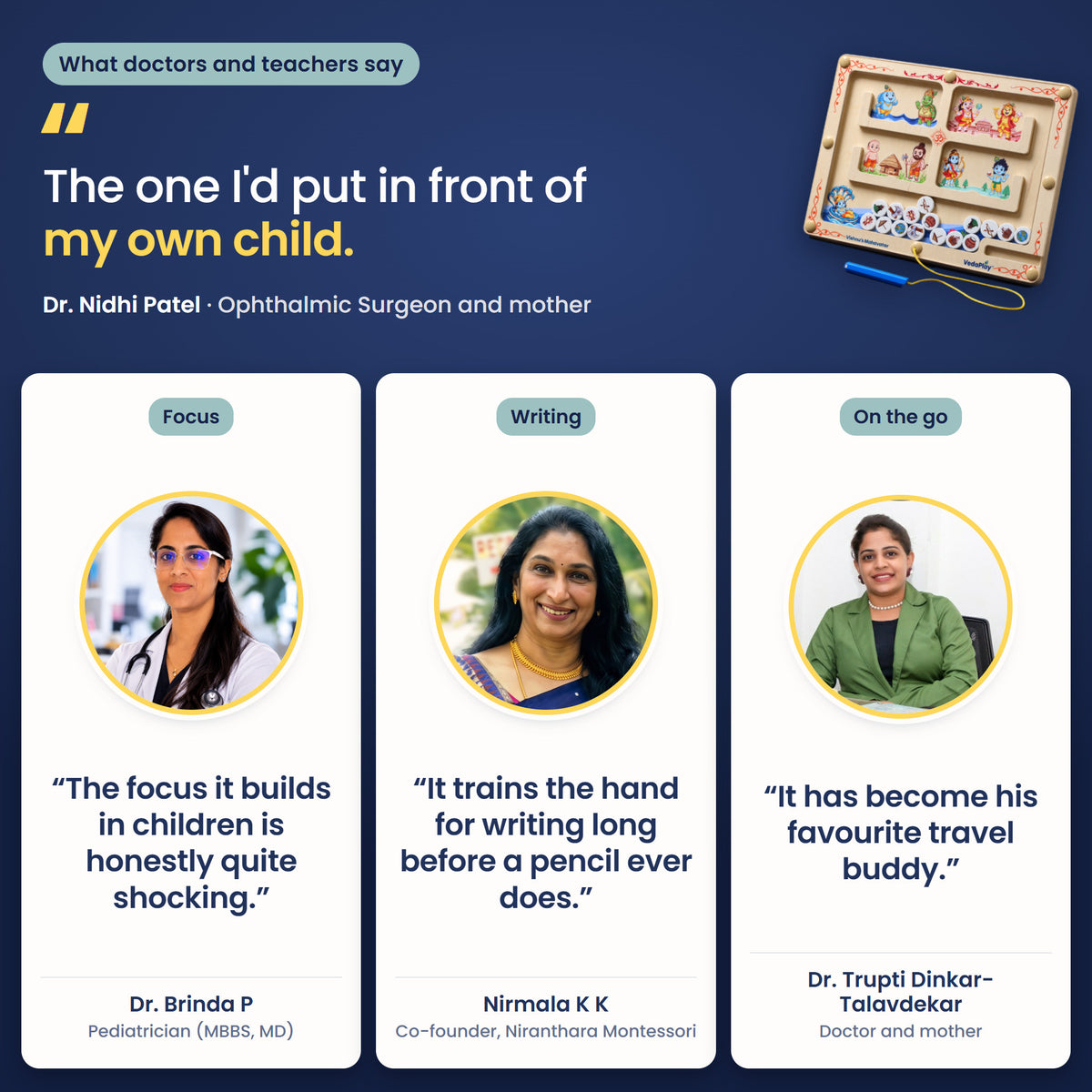 Doctors and teachers recommend VedaPlay: "The one I'd put in front of my own child." Dr. Nidhi Patel, with Dr. Brinda P, Nirmala K K and Dr. Trupti Dinkar-Talavdekar.