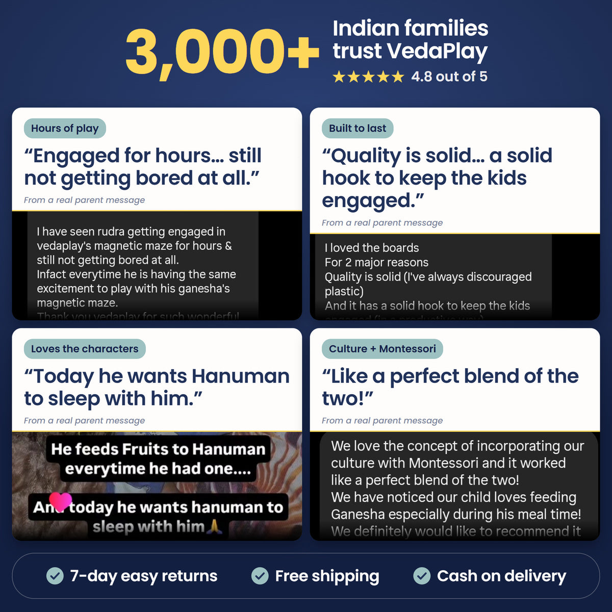 Trusted by 3,000+ Indian families, rated 4.8 out of 5. Real parent messages. 7-day easy returns, free shipping, cash on delivery.