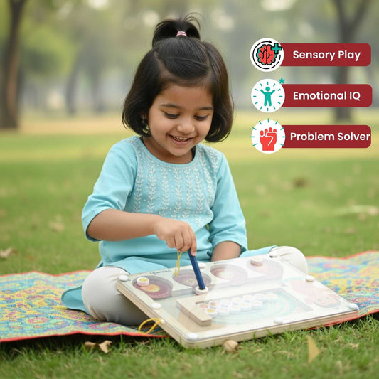 Shop Ganesha's Grand Fest Maze | 35% Off & Free Ship – Young girl playing with magnetic maze toy outdoors, promoting sensory play and emotional IQ.
