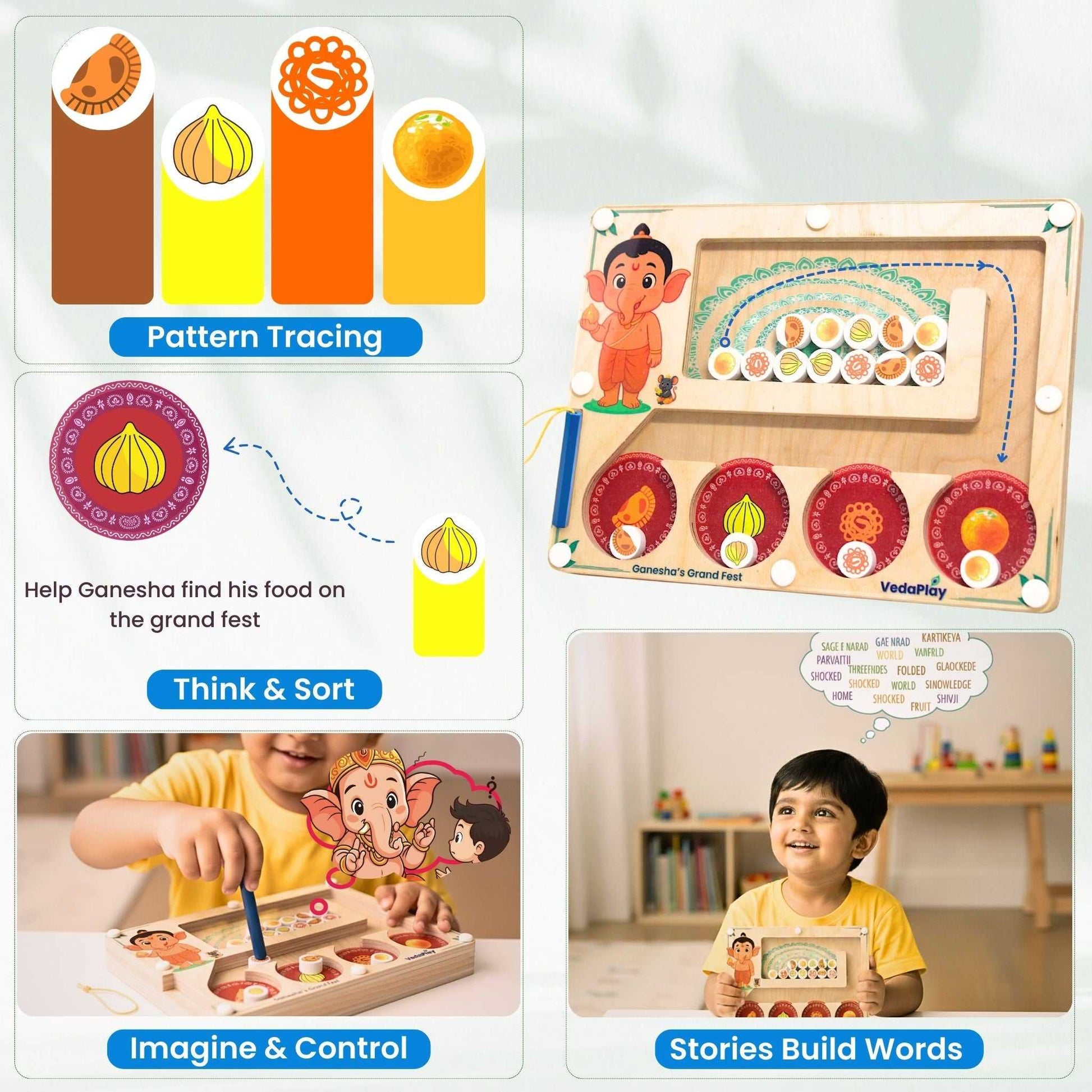 Shop Ganesha's Grand Fest Maze | 35% Off & Free Ship – Educational toy features pattern tracing, sorting, and storytelling with Ganesha for ages 2–6.