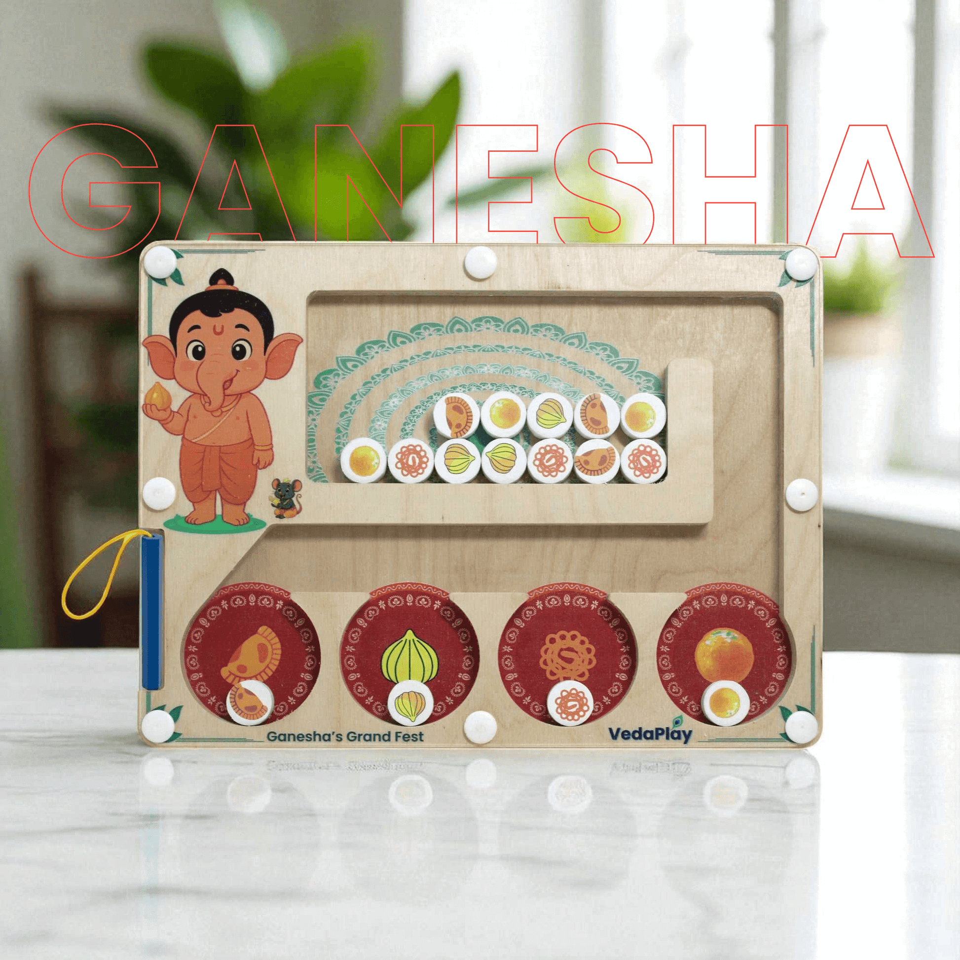Shop Ganesha's Grand Fest Maze | Free Ship – Montessori magnetic maze toy with Ganesha, modak sorting, and durable birch wood board. INTERACTIVE LEARNING