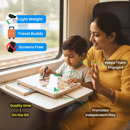 Shop Ganesha's Grand Fest Maze | 35% Off & Free Ship – Toddler using screen-free maze toy on train, ideal for travel with lightweight and safe design..