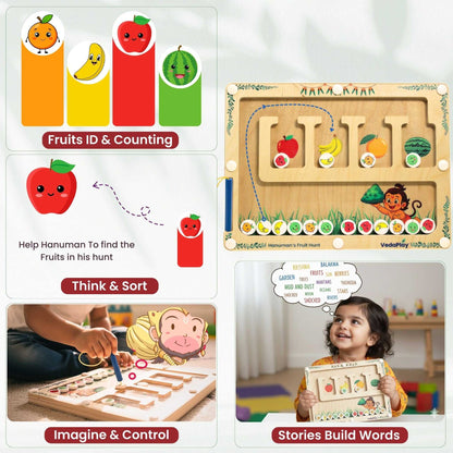 Hanuman's Fruit Hunt - Magnetic Maze Puzzle | Fun Game for kids to identify fruits, count, and sort using a magnetic pen on a wooden board.