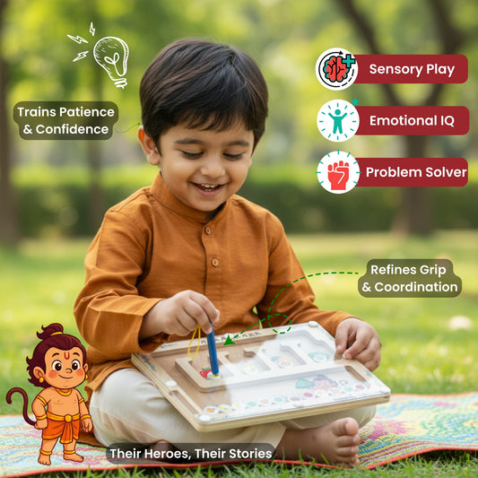 Child playing with Hanuman's Fruit Hunt - Magnetic Maze Puzzle, an educational toy enhancing sensory play, emotional IQ, and problem-solving skills.