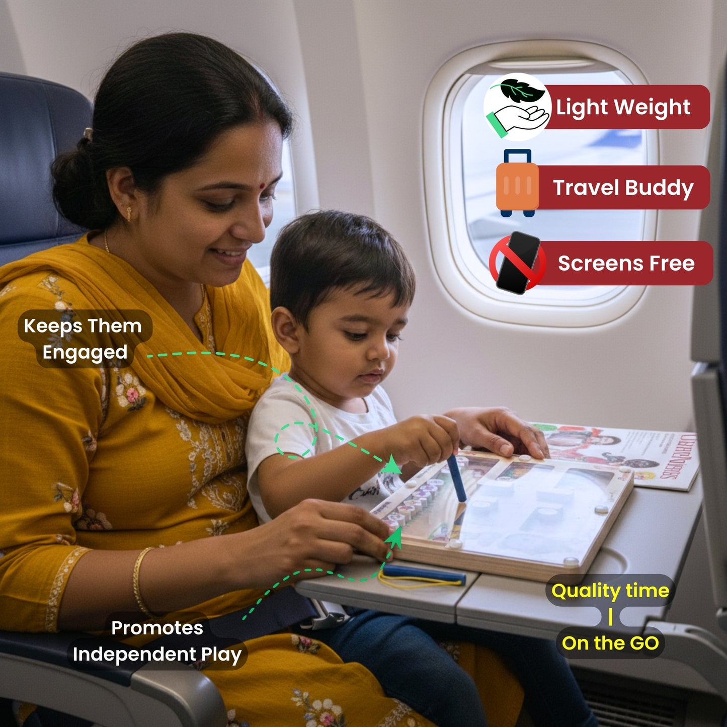 Mother and child playing Hanuman's Fruit Hunt - Magnetic Maze Puzzle on airplane tray. Lightweight, screen-free travel game for kids' coordination.