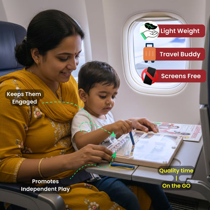 Mother and child playing Hanuman's Fruit Hunt - Magnetic Maze Puzzle on airplane tray. Lightweight, screen-free travel game for kids' coordination.